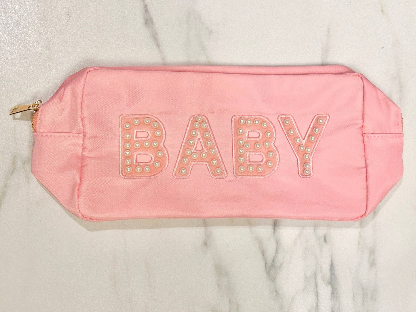 Pink Baby Nylon Bag Pouch - Sewn On Pearl Varsity Letter