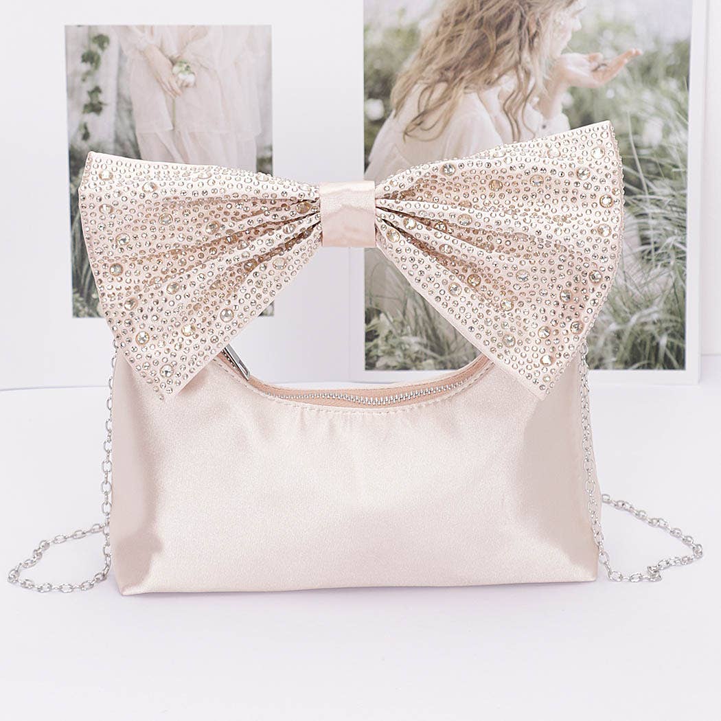 Rhinestone Hotfix Bow Handle Nylon Clutch