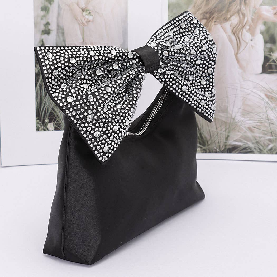 Rhinestone Hotfix Bow Handle Nylon Clutch