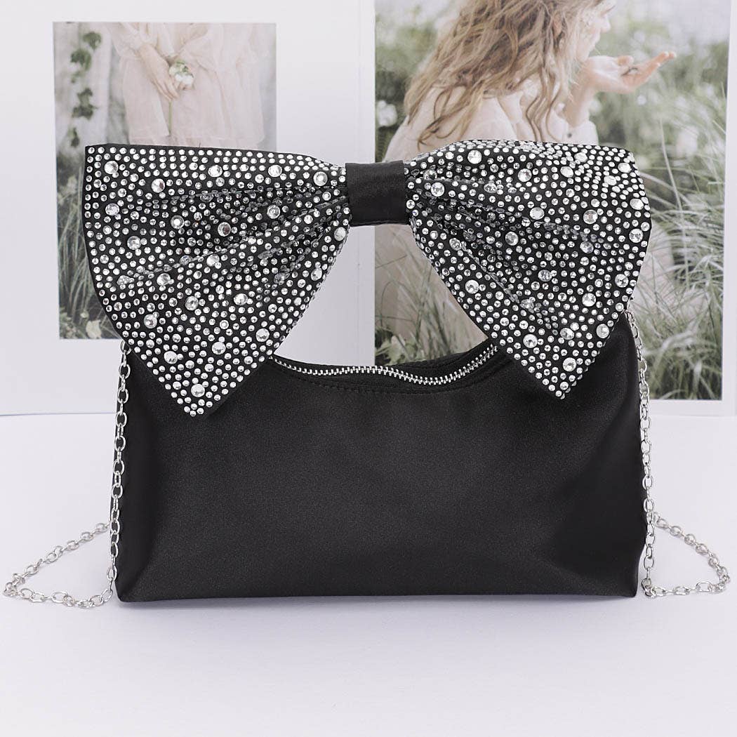 Rhinestone Hotfix Bow Handle Nylon Clutch