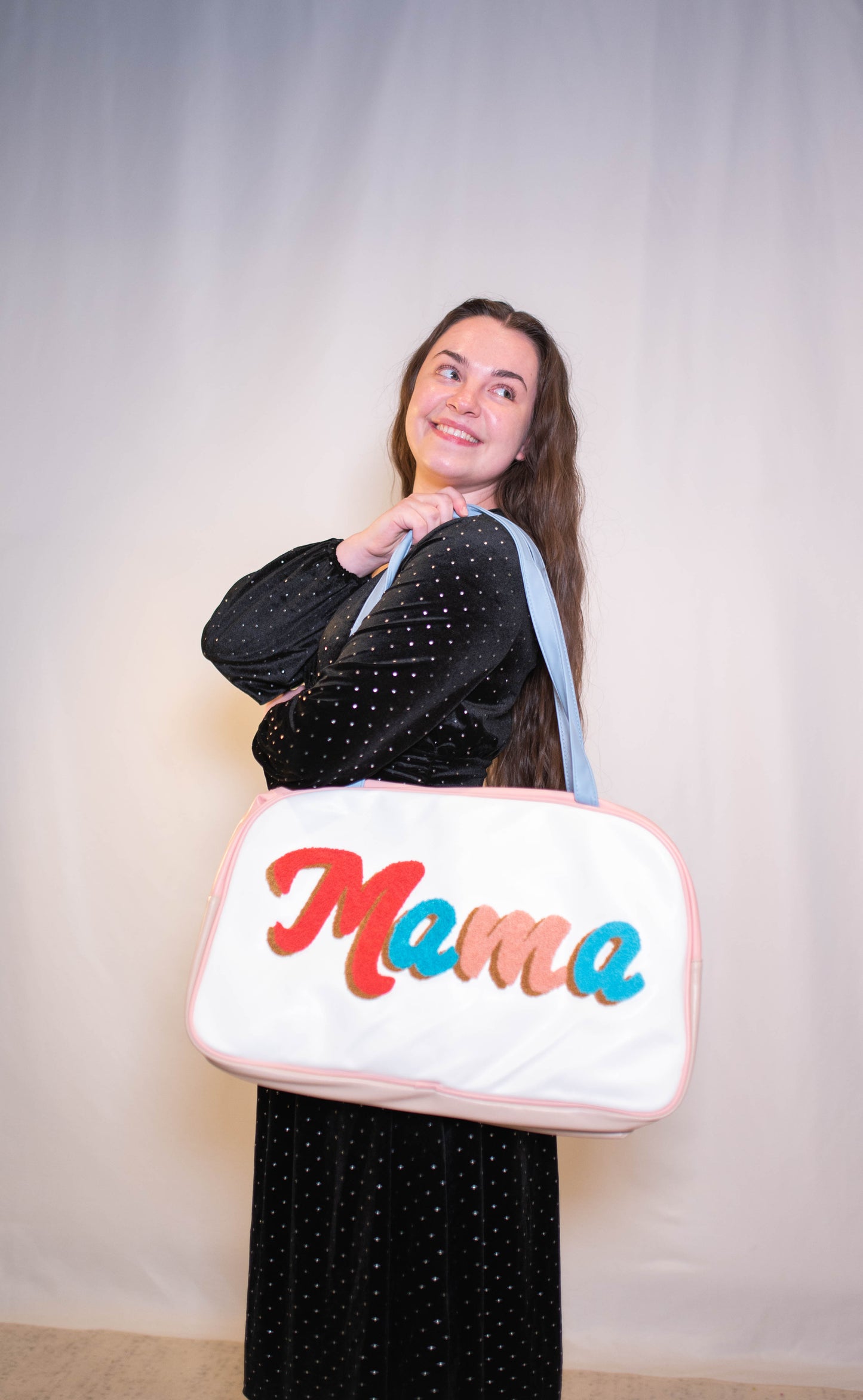 Mama Chic: Faux Leather Duffel Bag with Chenille Lettering