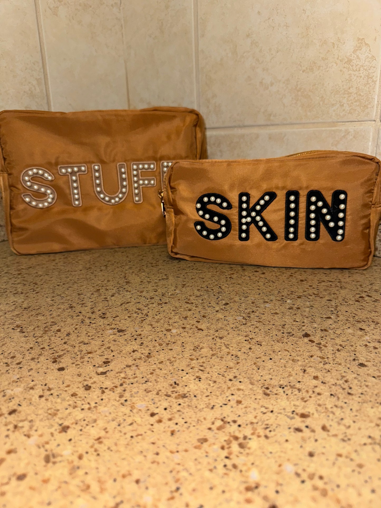 Stuff Nylon Bag Pouch with Sewn-On Pearl Varsity Letters