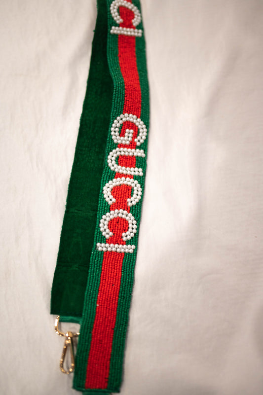 Glamorous Beaded Gucci-Inspired Purse Strap with Pearl Lettering: Luxury Redefined