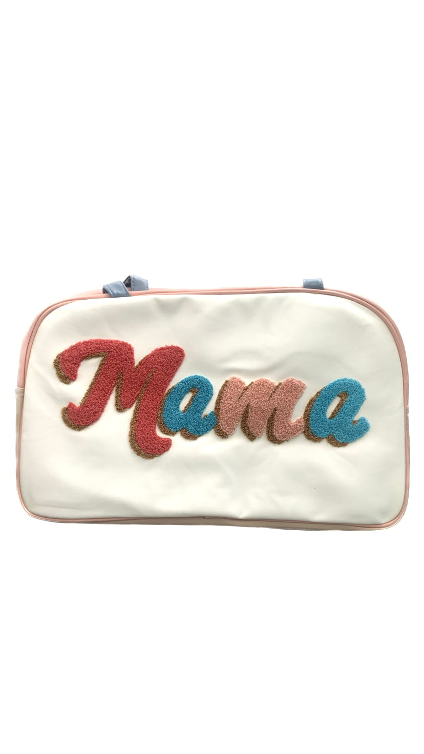 Mama Chic: Faux Leather Duffel Bag with Chenille Lettering