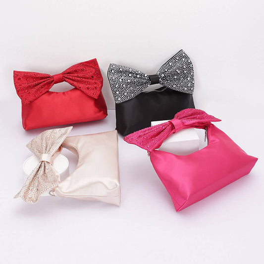 Rhinestone Hotfix Bow Handle Nylon Clutch