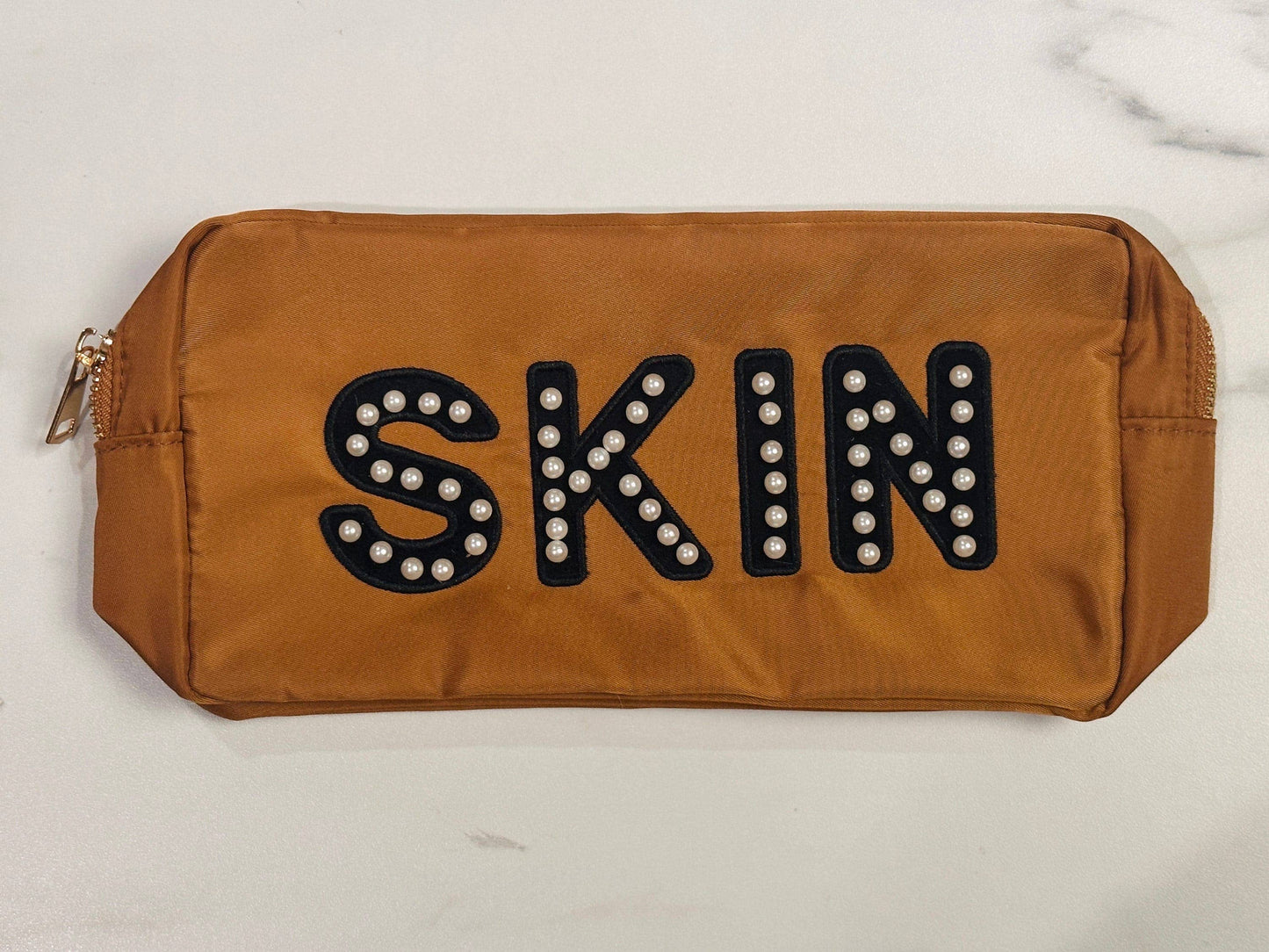 Cognac Brown "Skin" Nylon Cosmetic Bag with Sown-On  Pearl Varsity Letter Initial Patches