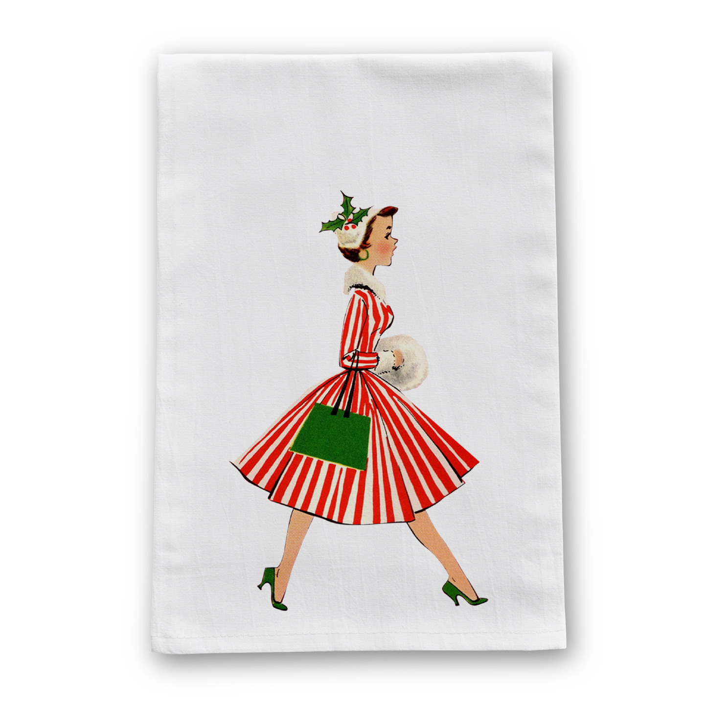 Walking Woman Vintage Retro Christmas Tea Towel